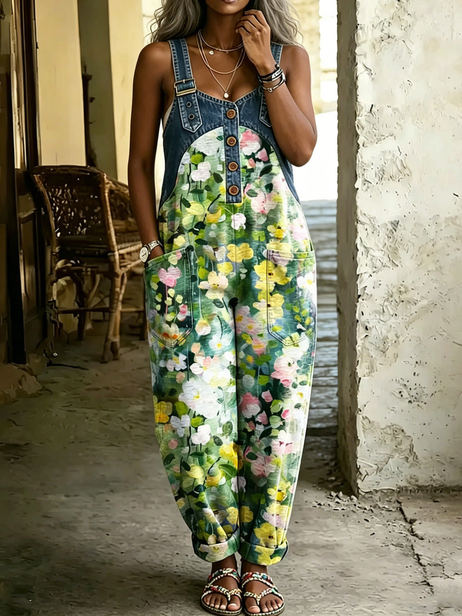 Women's Retro Style Print Washed Cotton Denim Patchwork Jumpsuit